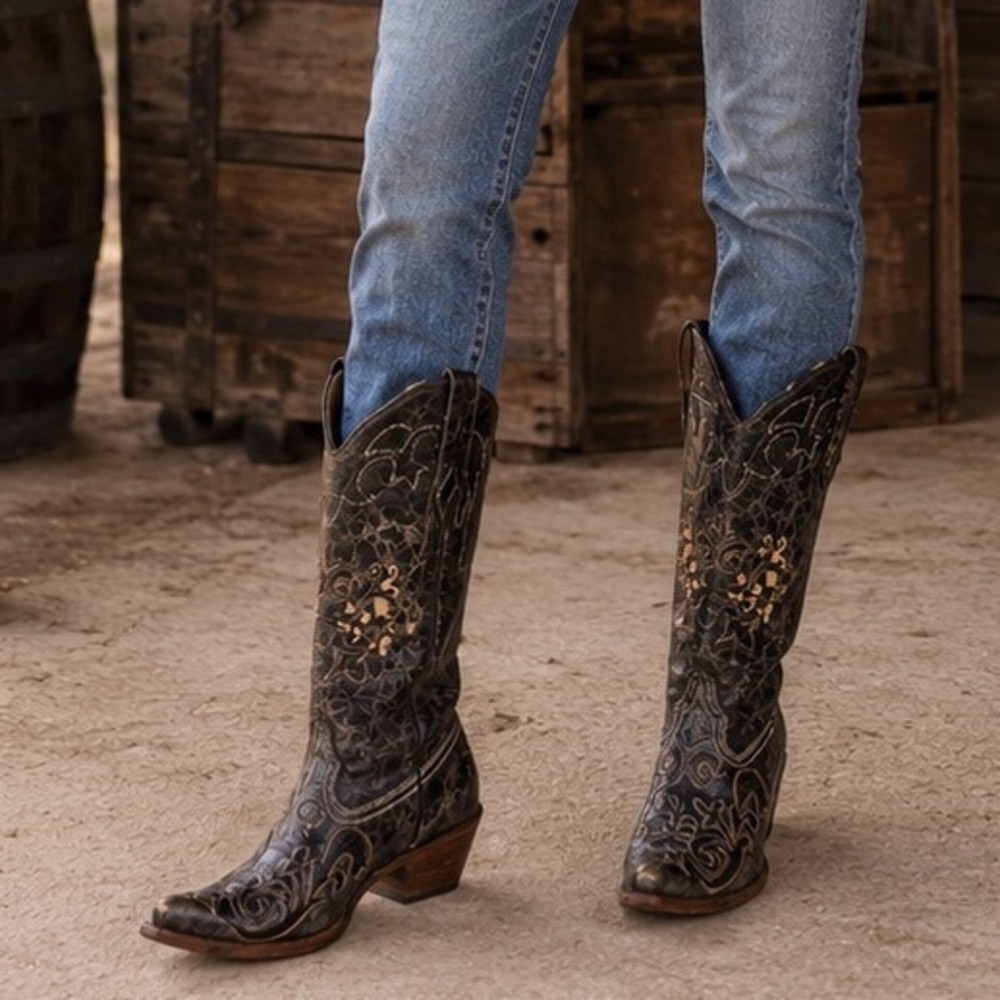 Corral Vintage Genuine Lizard Western Cowboy Boots Black Distressed Womens 7.5
